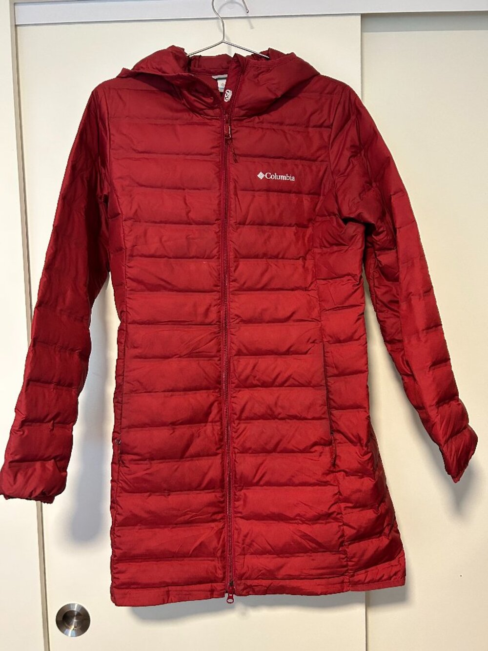 Columbia 650 Down Long Hooded Puffer Coat, Red, Size M
